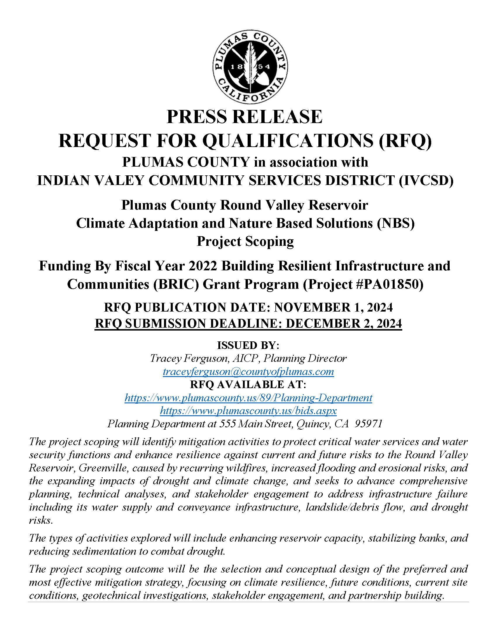 PressRelease_Plumas_IVCSD_RoundValleyRes_BRIC_RFQ_Released 11.1.24